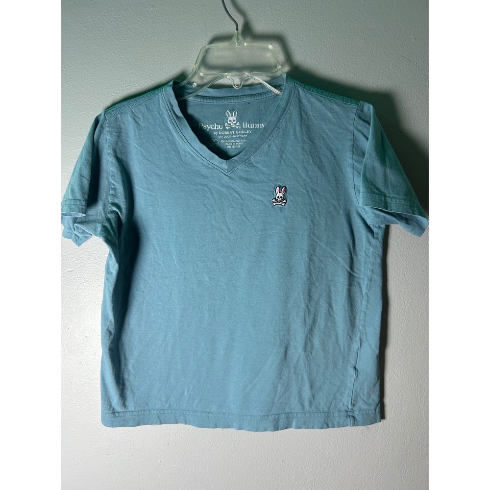 Psycho Bunny Kids Blue V Neck Cotton T Shirt Bunny Logo Size M 10 12